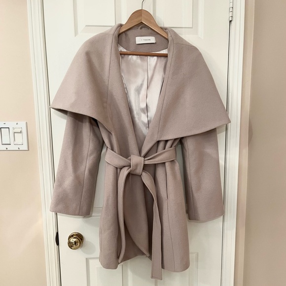 T Tahari Wool Blend Wrap Coat Shawl Collar Belted Women’s Size L - Picture 2 of 15